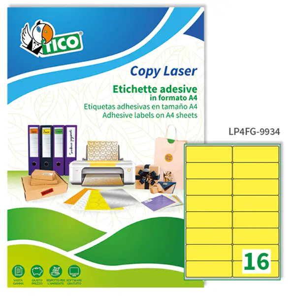 1x Etichetta adesiva LP4F giallo fluo 70fg A4 99,1x34mm (16et/fg) Tico