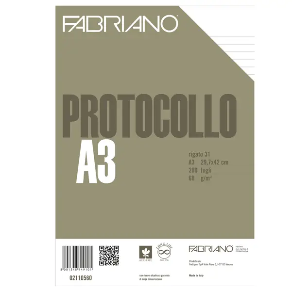 1x Protocollo 1rigo 200fg 60gr f.to A3 chiuso (21x29,7cm) Fabriano