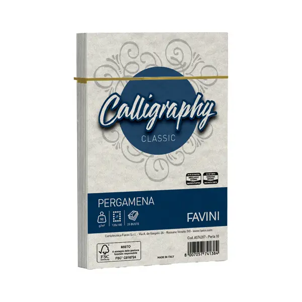 1x 25 buste CALLIGRAPHY PERGAMENA 120x180mm 90gr perla FAVINI