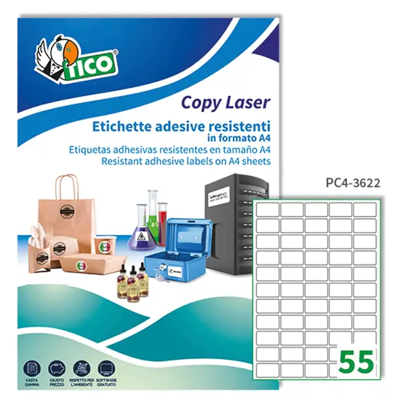 1x Poliestere adesivo PC4 trasparente 100fg A4 36x22mm (55et/fg) laser Tico
