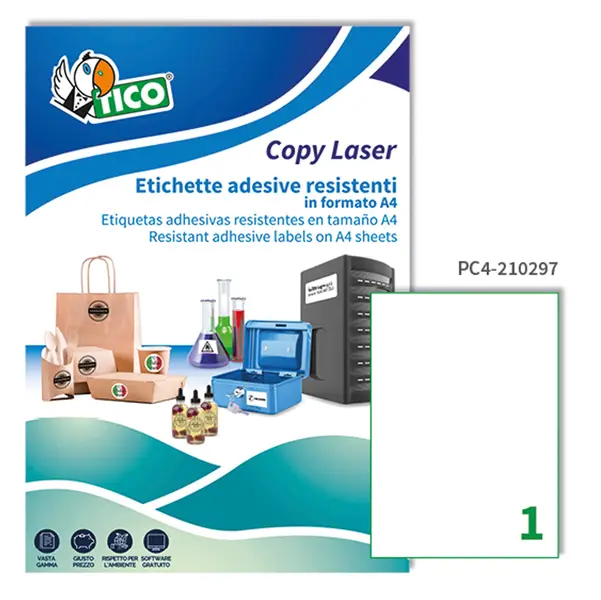 1x Poliestere adesivo PC4 trasparente 100fg A4 210x297mm (1et/fg) laser Tico