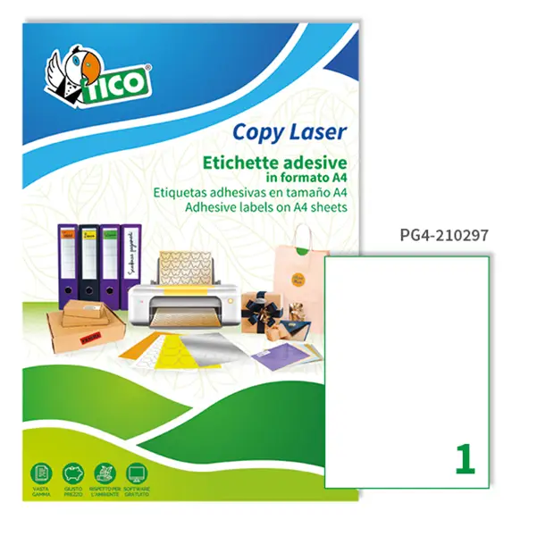 1x Etichetta adesiva PG4 bianca lucida 100fg A4 210x297mm (1et/fg) Tico