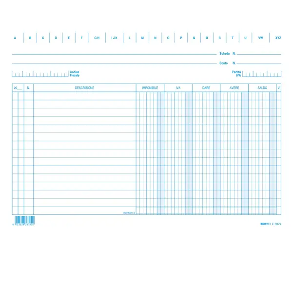 1x 100 SCHEDE DARE/AVERE/SALDO/IVA 17X24CM ORIZZ. E3379