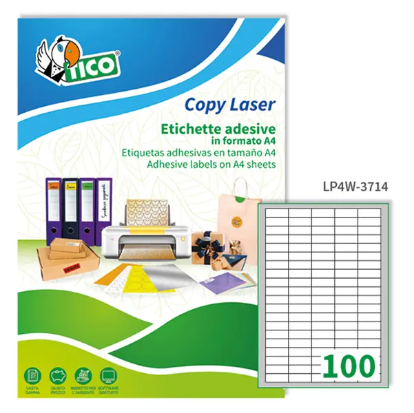 1x Etichetta adesiva LP4W bianca 100fg A4 37x14mm (100et/fg) Laser Tico