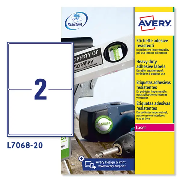 1x Poliestere adesivo L7068 bianco 20fg A4 199,6x143,5mm (2et/fg) laser Avery