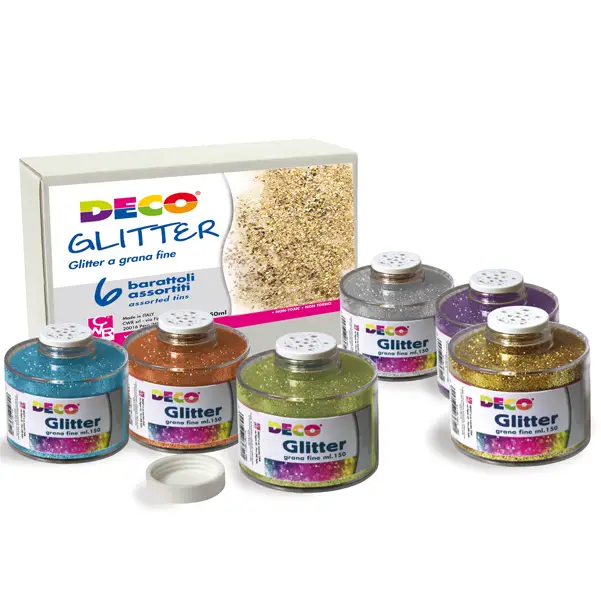 1x SET 6 BARATTOLI GLITTER GRANA FINE ML150 colori assortiti ART 05404 DECO
