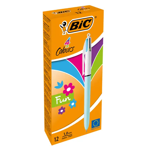 1x Scatola 12 penna sfera scatto 4 COLOURS FUN 1,0mm BIC