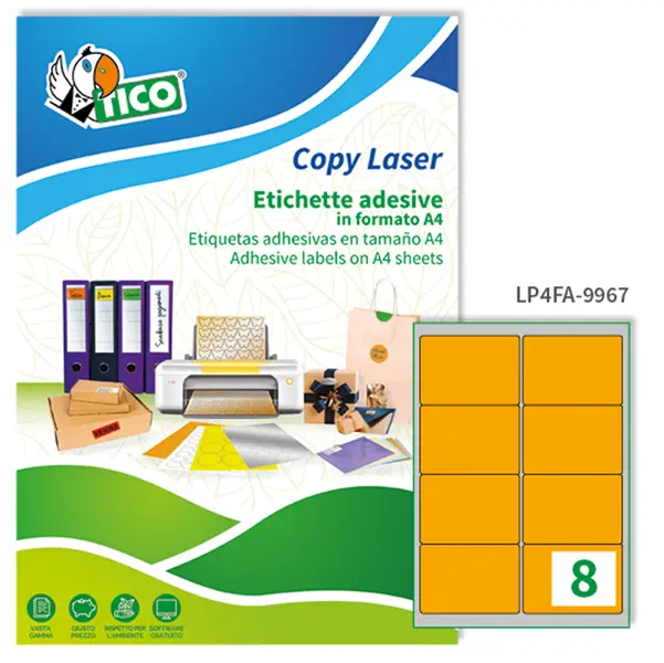 1x Etichetta adesiva LP4F arancio fluo 70fg A4 99,1x67,7mm (8et/fg) Tico