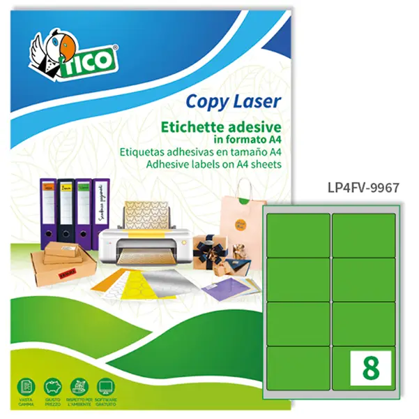 1x Etichetta adesiva LP4F verde fluo 70fg A4 99,1x67.7mm (8et/fg) Tico