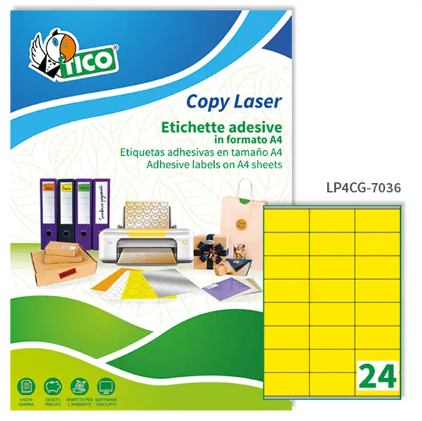 1x Etichetta adesiva LP4C giallo opaco 70fg A4 70x36mm (24et/fg) Tico