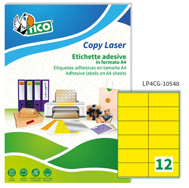 1x Etichetta adesiva LP4C giallo opaco 70fg A4 105x48mm (12et/fg) Tico