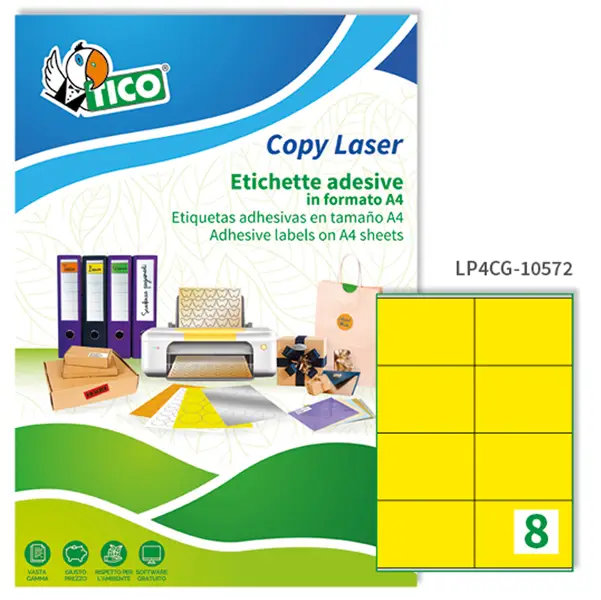 1x Etichetta adesiva LP4C giallo opaco 70fg A4 105x72mm (8et/fg) Tico
