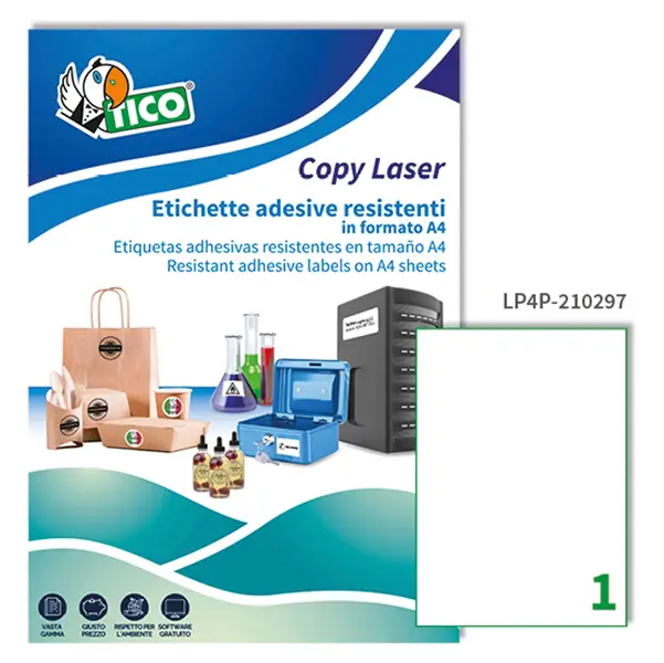 1x Poliestere adesivo LP4P bianco 70fg A4 210x297mm (1et/fg) laser Tico