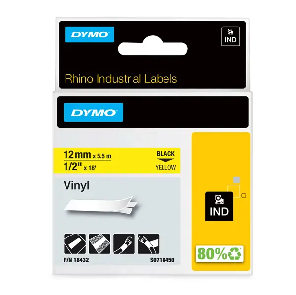 1x NASTRO VINILE 12mm x 5.5mt nero su giallo 18432 RHINO
