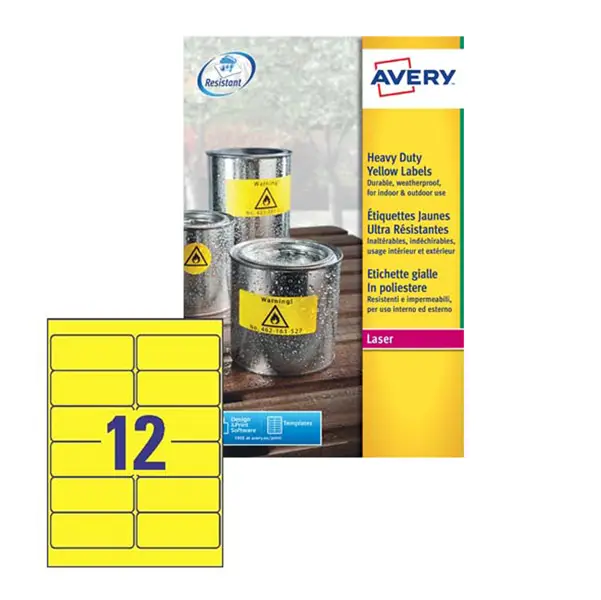 1x Poliestere adesivo L6107 giallo fluo 20fg A4 99,1x42,3mm (12et/fg) laser Avery