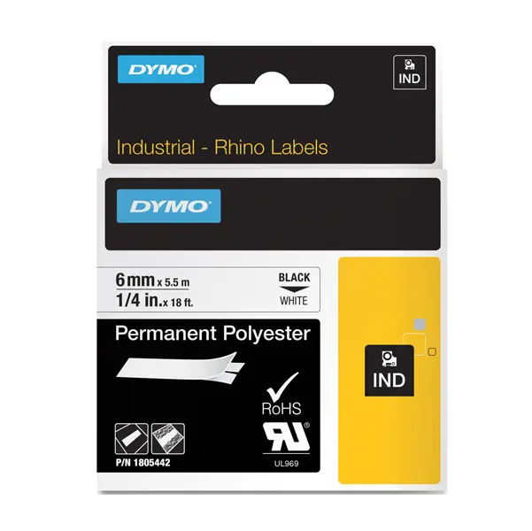 1x NASTRO POLIESTERE PERMANENTE 12mm x 5.5mt nero su bianco 18483 RHINO