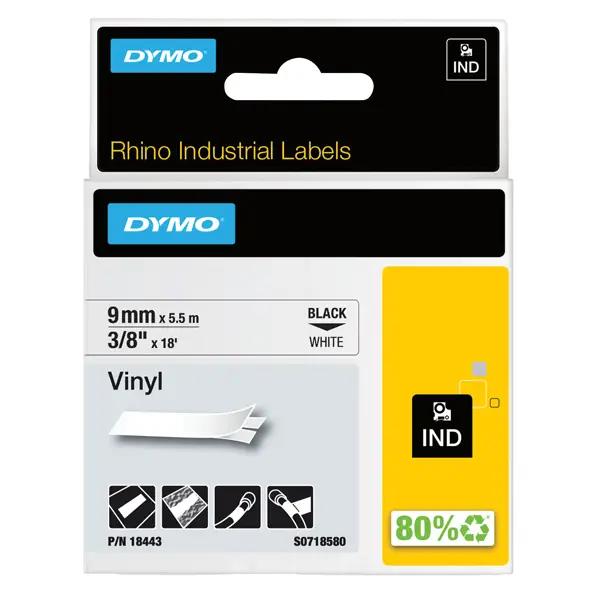 1x NASTRO VINILE 9mm x 5.5mt nero su bianco 18443 RHINO