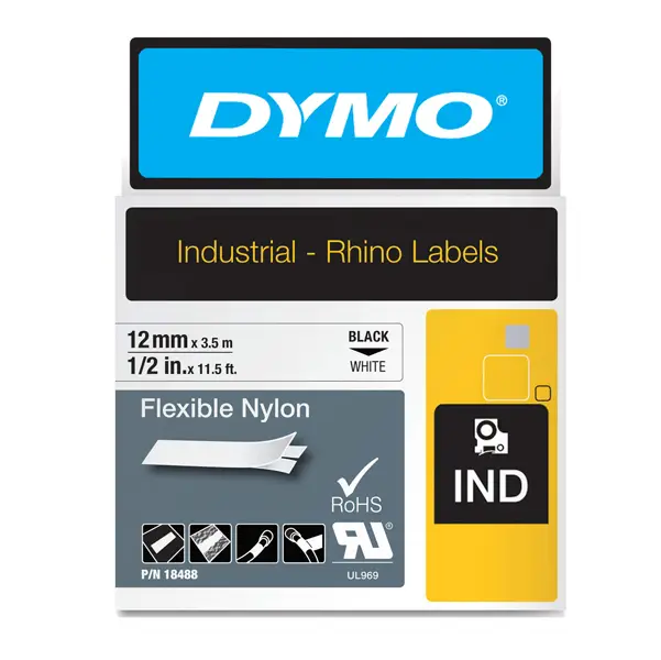 1x NASTRO NYLON FLESSIBILE 12mm x 3.5mt nero su bianco 18488 RHINO