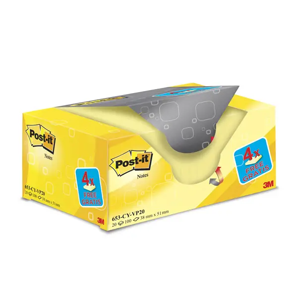 1x VALUE PACK 16+4 BLOCCO 100fg Post-itR Giallo Canary 38x51mm 72GR 653CY-VP20