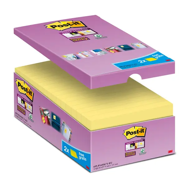 1x VALUE PACK 14+2 BLOCCO 90fg Post-itR Super Sticky Giallo Canary 76x127mm
