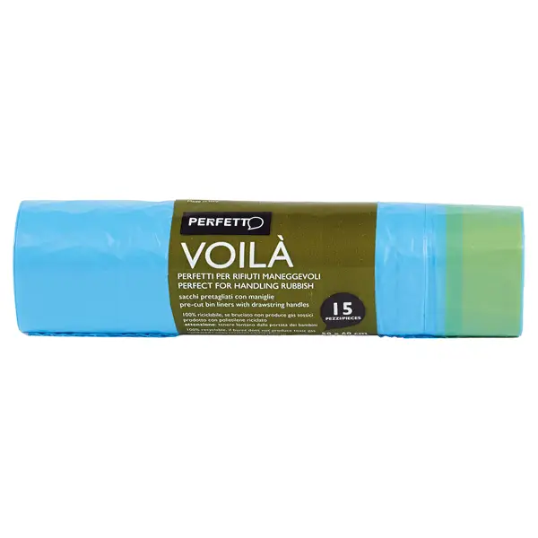 1x 15 SACCHI RIFIUTI 50X60CM-30Lt 15mic AZZURRO c/maniglie VoilA'