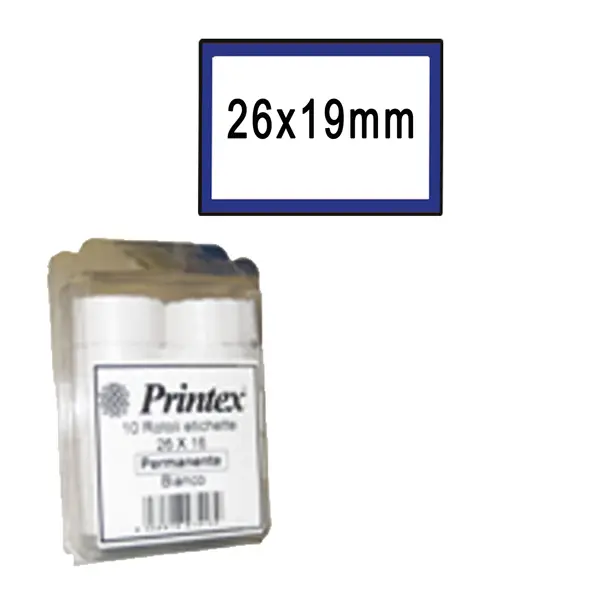 1x PACK 10 ROTOLI 600 ETICH. 26x19mm BIANCO REMOV. CORNICE BLU Printex