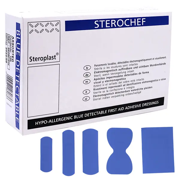 1x Scatola 100 CEROTTI Assort. in 5 misure BLU DETECTABLE