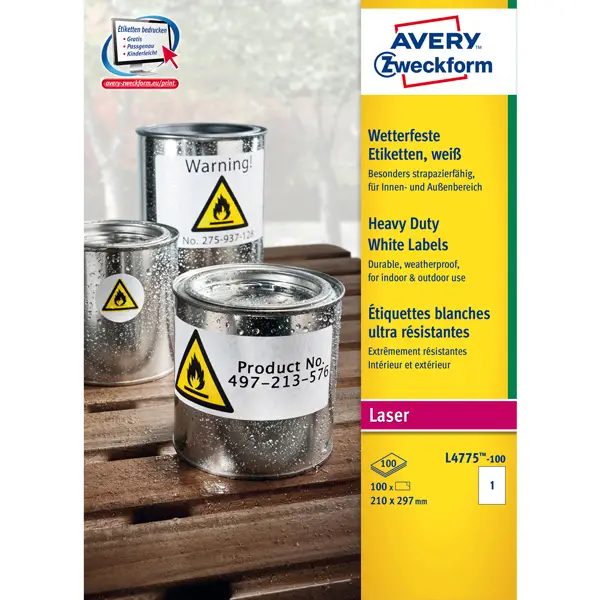 1x Poliestere adesivo L4775 bianco 100fg A4 210x297mm (1et/fg) laser Avery