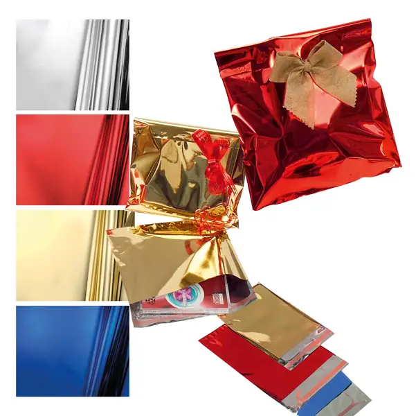 1x 50 BUSTE REGALO IN PPL METAL LUCIDO 20x35+5cm ORO con patella adesiva
