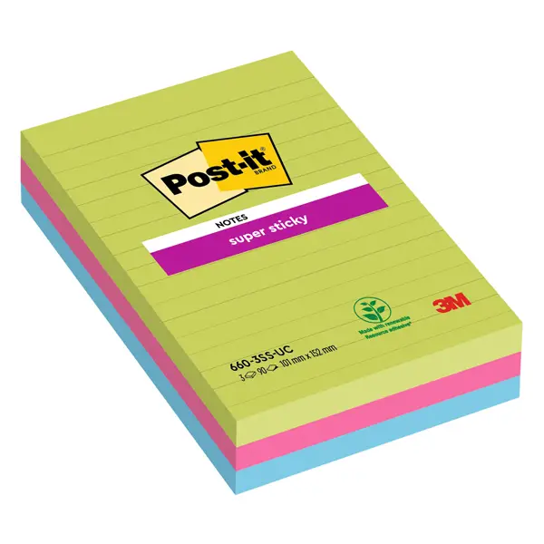 3x BLOCCO 90foglietti Post-itR Super Sticky RIGHE 101x152mm 660-3SSUC COLORI ULTRA