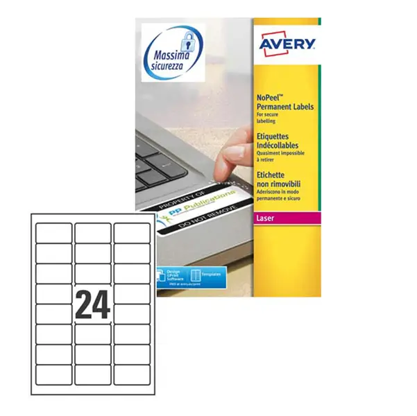 1x Poliestere adesivo L6146 bianco antim. 20fg A4 63,5x33,9mm (24et/fg) laser Avery