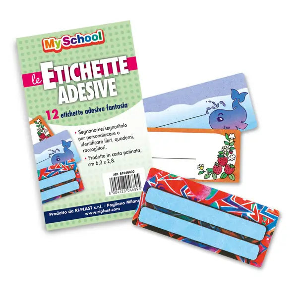 1x ETICHETTE ADESIVE SEGNANOMI bustina 12 etichette 6,3x8cm fantasie assortite