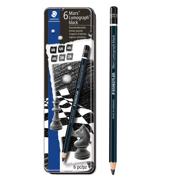 1x Astuccio metallo 6 matite MarsR LumographRBLACK 4gradazioni Staedtler