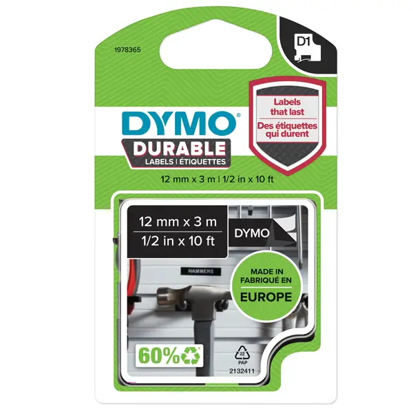 1x NASTRO DYMO TIPO D1 DURABLE (12MMX3MT) BIANCO/NERO 1978365