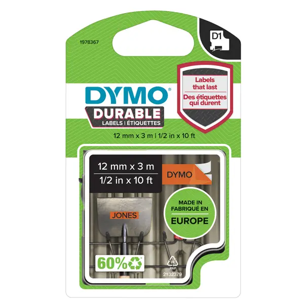 1x NASTRO DYMO TIPO D1 DURABLE (12MMX3MT) NERO/ARANCIONE 1978367