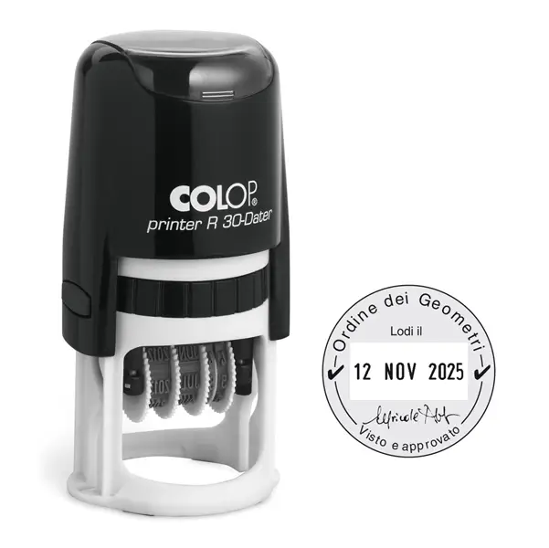 1x Timbro DATARIO R30 diametro 30mm 4righe autoinchiostrante personalizzabile COLOP