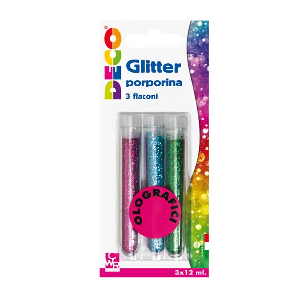 1x Blister glitter 3 flaconi grana fine 12ml colori assortiti olografici DECO