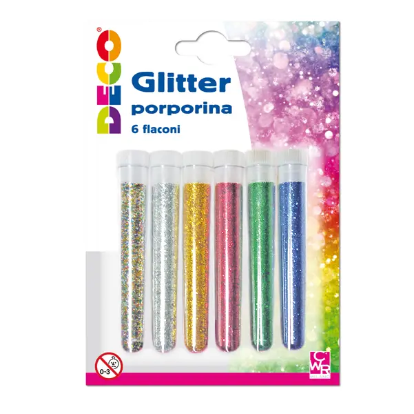 1x Blister glitter 6 flaconi grana fine 12ml colori assortiti DECO