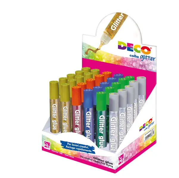 1x Display colla glitter 30 penne 10,5ml colori assortiti metal DECO