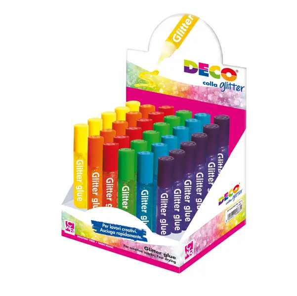 1x Display colla glitter 30 penne 10,5ml colori assortiti pastello DECO