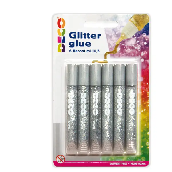1x Blister colla glitter 6 penne 10,5ml argento DECO