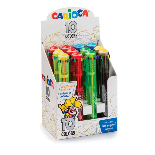 1x Display 12 penne a sfera automatica 10 Colori colori fluo assortiti Carioca