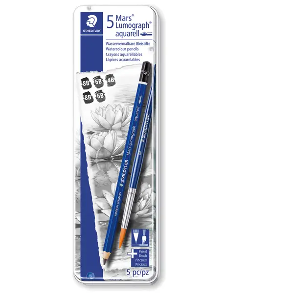 1x Astuccio metallo 5 matite+pennello MarsR LumographR acquerell. 3 grad.Staedtler