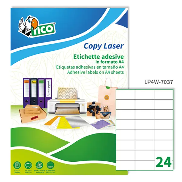 1x Etichetta adesiva LP4W bianca 100fg A4 70x37mm (24et/fg) Laser Tico