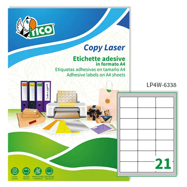 1x Etichetta adesiva LP4W bianca 100fg A4 63,5x38,1mm (21et/fg) Laser Tico