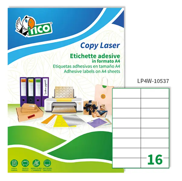 1x Etichetta adesiva LP4W bianca 100fg A4 105x37mm (16et/fg) Laser Tico