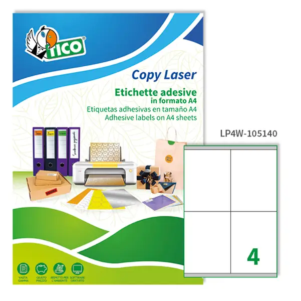 1x Etichetta adesiva LP4W bianca 100fg A4 105x140mm (4et/fg) Laser Tico