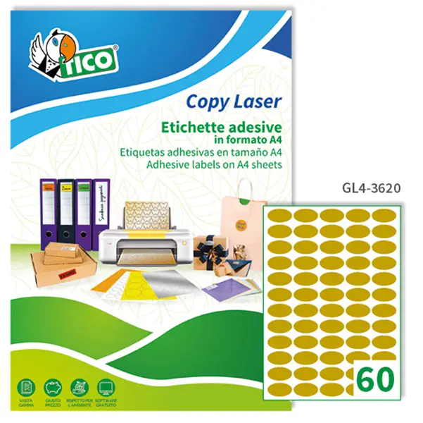 1x Etichetta adesiva GL4 ovale oro satinata 100fg A4 36x20mm (60et/fg) Tico
