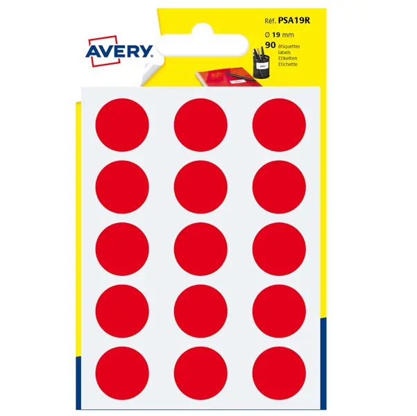 1x Blister 90 etichetta adesiva tonda PSA rosso D19mm Avery