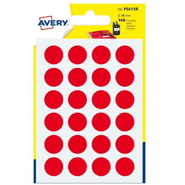 1x Blister 168 etichetta adesiva tonda PSA rosso D15mm Avery